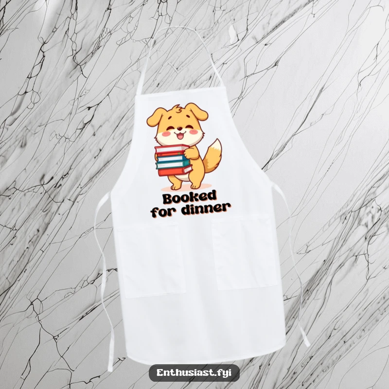 Funny apron showing a happy dog character with a wagging tail, excitedly holding a large pile of books.