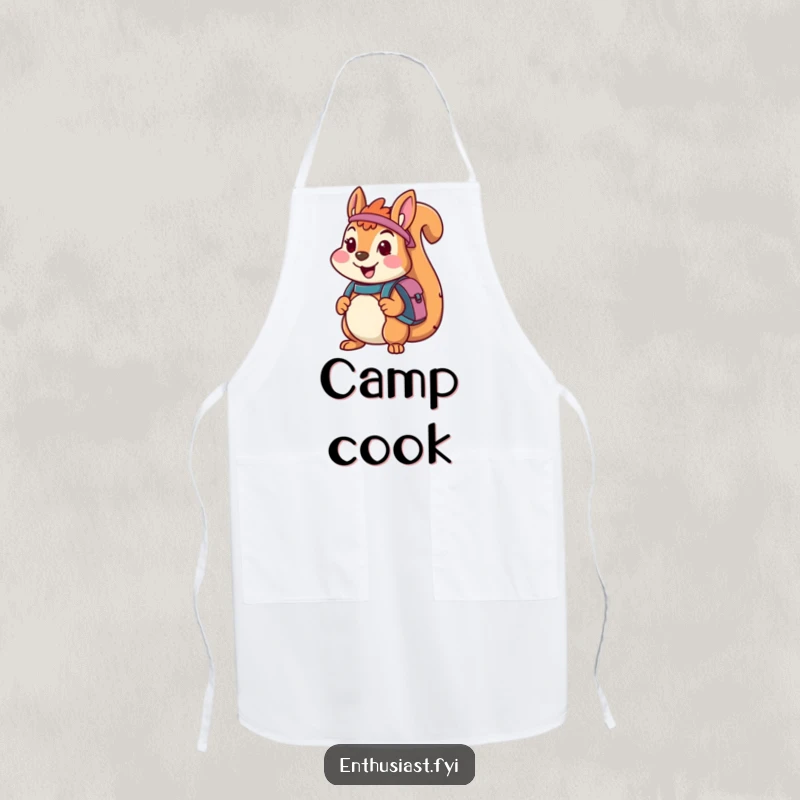 Funny apron depicting a cheerful squirrel character with a backpack, ready for adventure and perfect for protecting clothes during outdoor cooking.