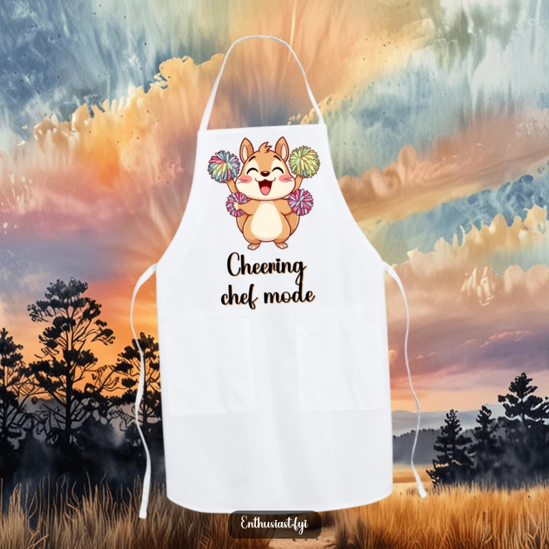 Funny Apron: A squirrel character cheering loudly with pom-poms, bringing energetic vibes to cooking and baking.