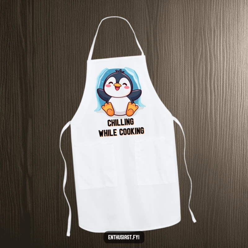 Funny apron with a cheerful penguin character sliding down a rainbow ice chute, perfect for kitchen use with a winter theme.