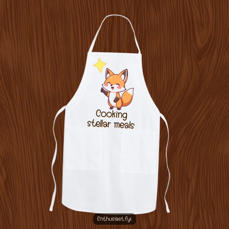 Funny Fox Apron: A joyful fox enthusiastically gestures towards a bright star, bringing celestial magic to the kitchen, a fantastic funny gift.