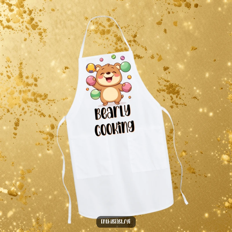 Funny Apron featuring a grinning bear character juggling colorful balls, a humorous guardian for busy cooks and crafters.
