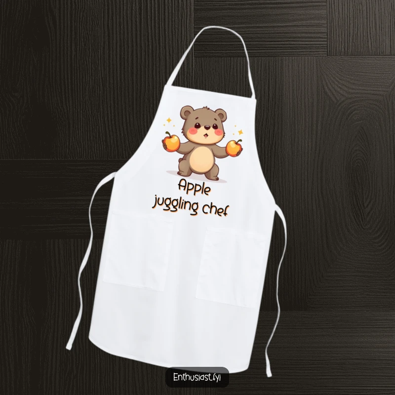 Funny bear cub apron, showing an enthusiastic cub juggling apples. A practical and humorous kitchen gift.