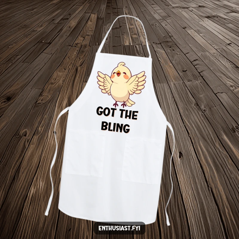Funny bird apron featuring a delighted bird swooping towards a shiny object, ready for culinary adventures with a humorous touch.