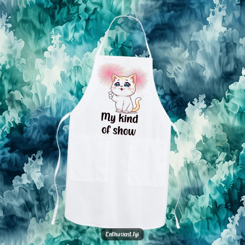 Funny cat apron showing a cat with sparkling eyes enthusiastically pointing towards a vibrant, bursting fireworks display while cooking.