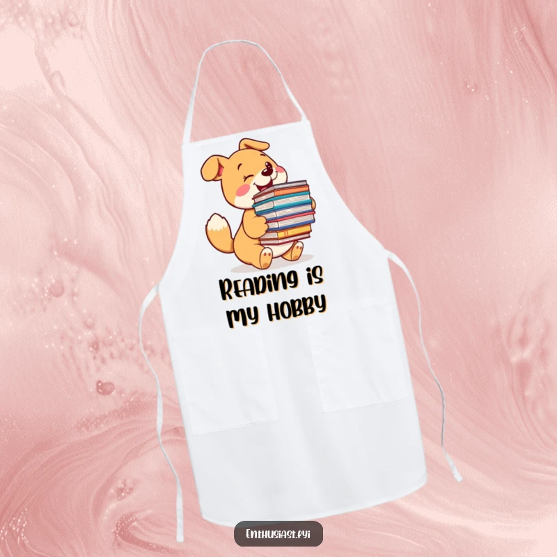 Funny dog apron depicting a happy pup with a wagging tail, proudly holding many books, ready for kitchen adventures.