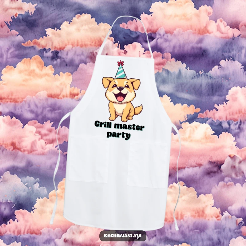 Funny apron showcasing an excited dog in a party hat, happily barking, perfect for festive cooking with humor.