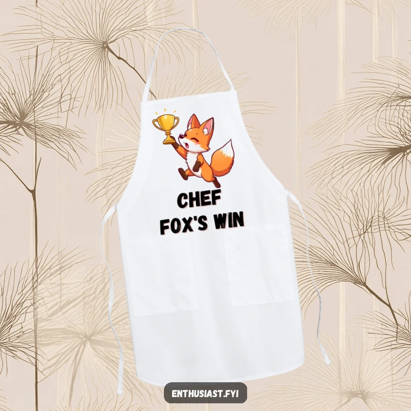 Funny apron with an energetic fox character leaping dynamically to reach a golden trophy, perfect for ambitious cooks.