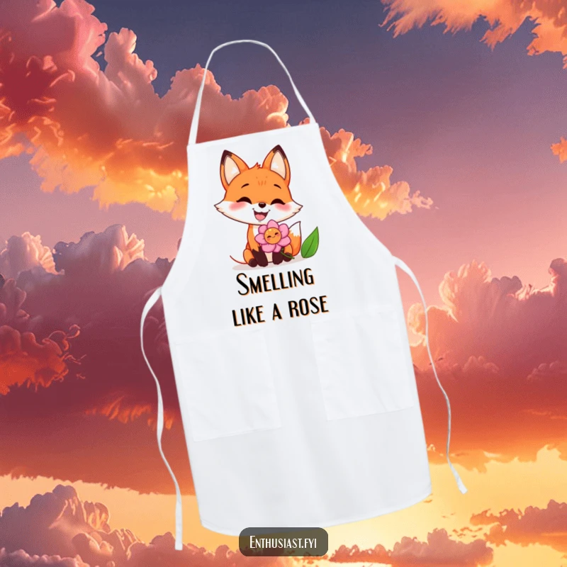 Funny apron featuring a joyful fox with a big grin enthusiastically sniffing a vibrant flower, adding humor to kitchen tasks.