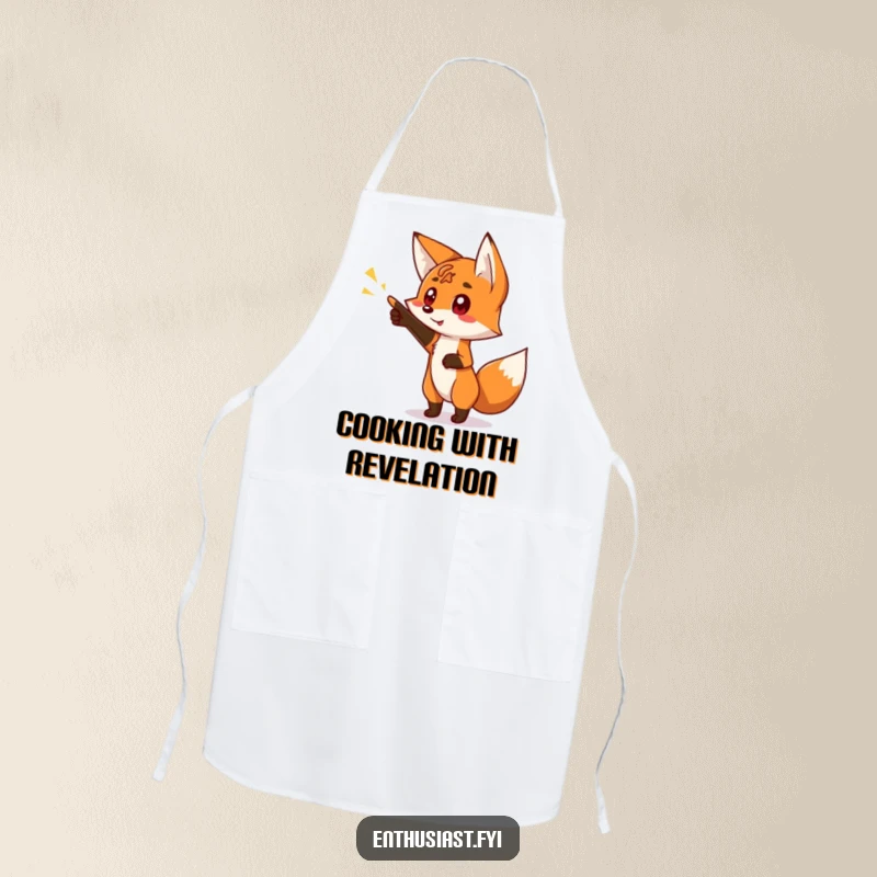 Funny apron depicting a curious fox character pointing excitedly at a bright, glowing sign, perfect for a chef who loves to explore.