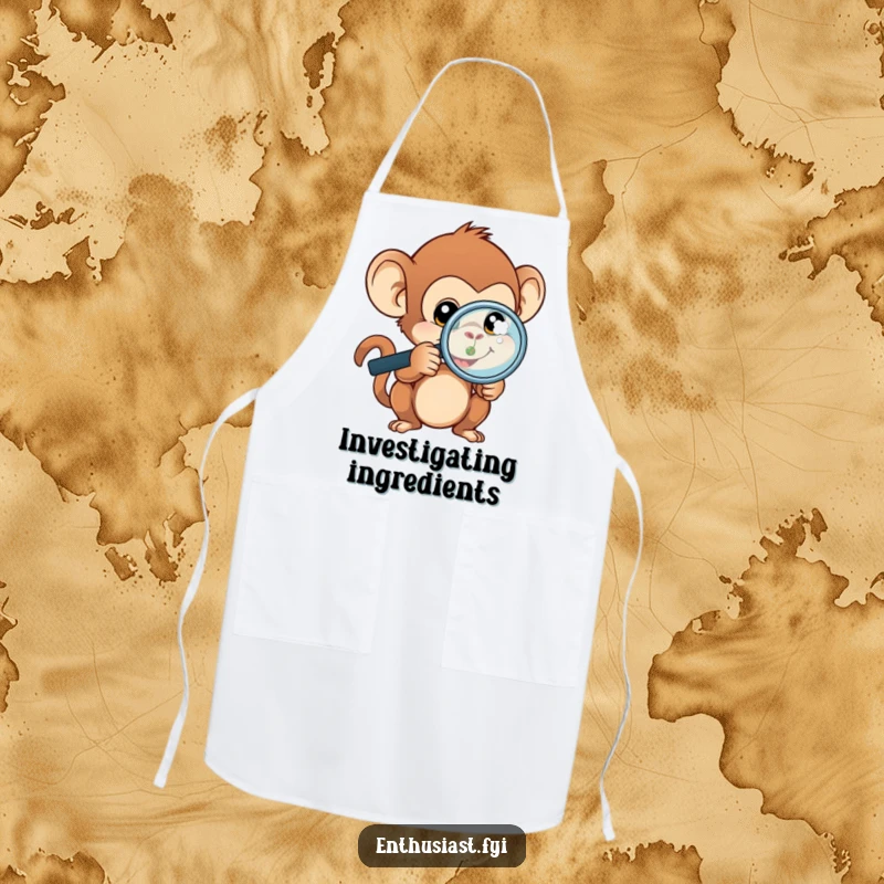 Funny monkey apron showing a curious monkey wearing a magnifying glass, examining a tiny object, ready for kitchen precision.