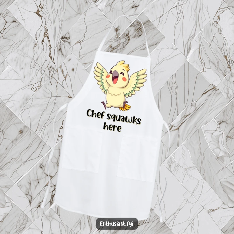 Funny Parrot Apron: An enthusiastic parrot squawks with wings outstretched, perfect for colorful kitchen fun and protection, a fantastic funny gift.