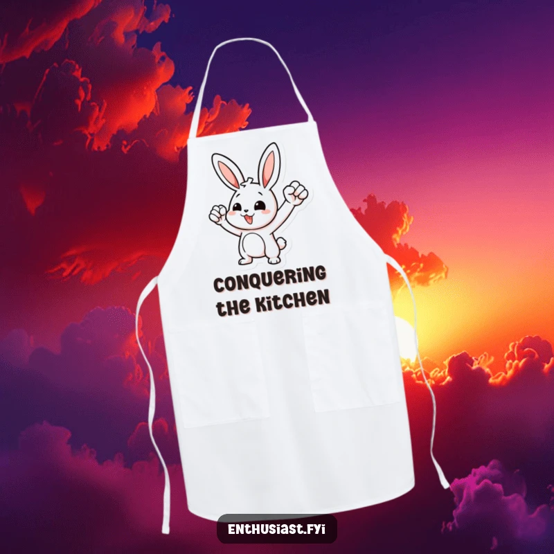 Funny apron with a motivated rabbit character pumping its fist, ready to cook and celebrate delicious achievements.