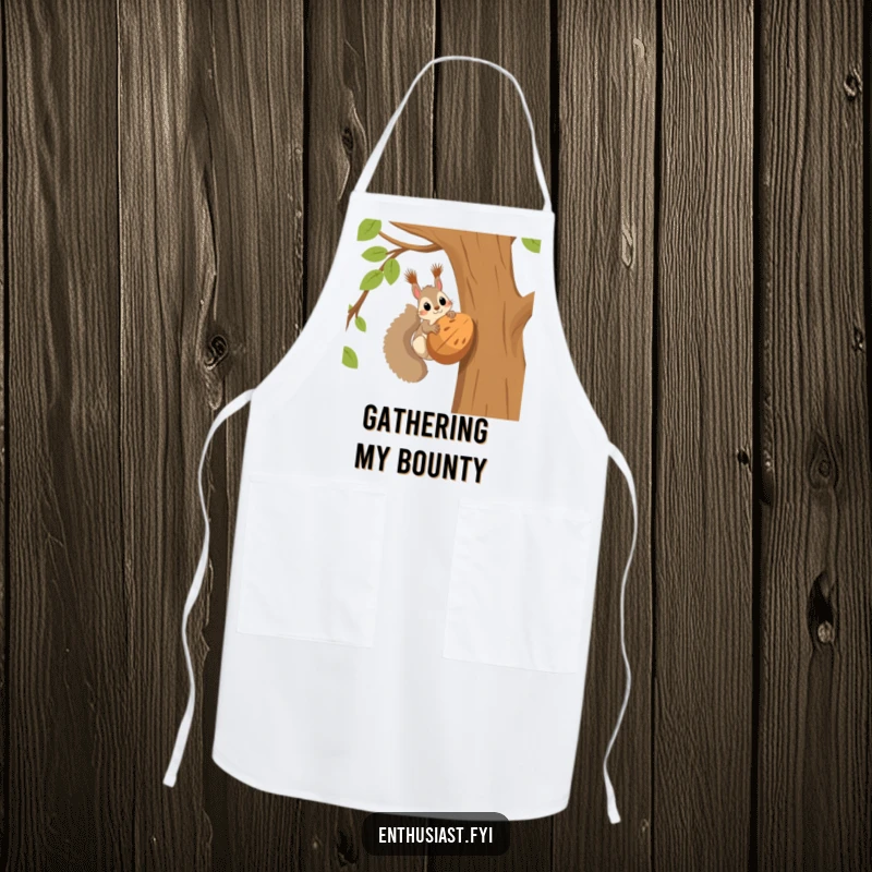 Funny squirrel apron featuring a squirrel in a tree, excited about a huge nut, ready for kitchen fun and culinary success.