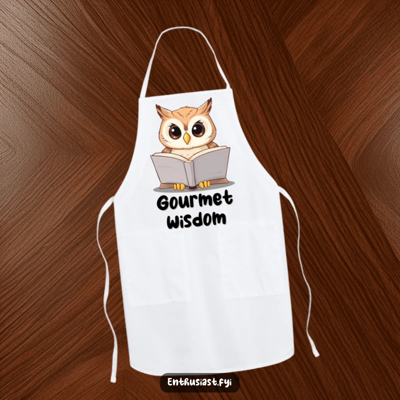 Funny owl chef apron shows a wise owl reading, bringing a smart and humorous touch to kitchen activities.