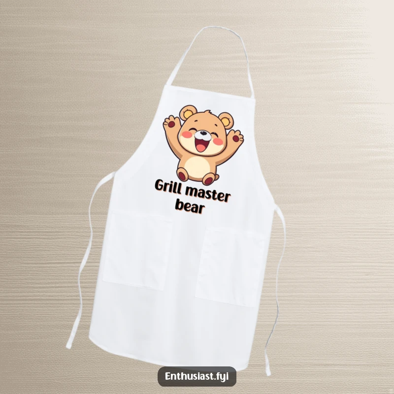 Funny apron with a delighted bear character cheering with paws in the air, smiling widely, perfect for joyful cooking and baking.