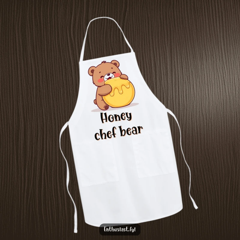 Funny Bear Apron: A cheerful bear enthusiastically hugs a honey pot, perfect for kitchen fun and protection, a fantastic funny gift.