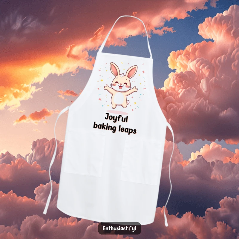 Funny apron depicting a playful rabbit character jumping with pure joy, surrounded by sparkling confetti, perfect for a cheerful cook.
