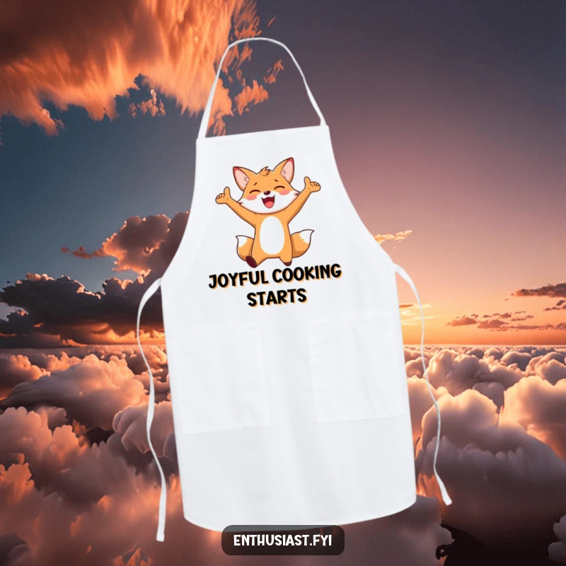 Funny Apron: An enthusiastic fox character jumping for joy with arms outstretched, bringing energetic vibes to kitchen tasks.