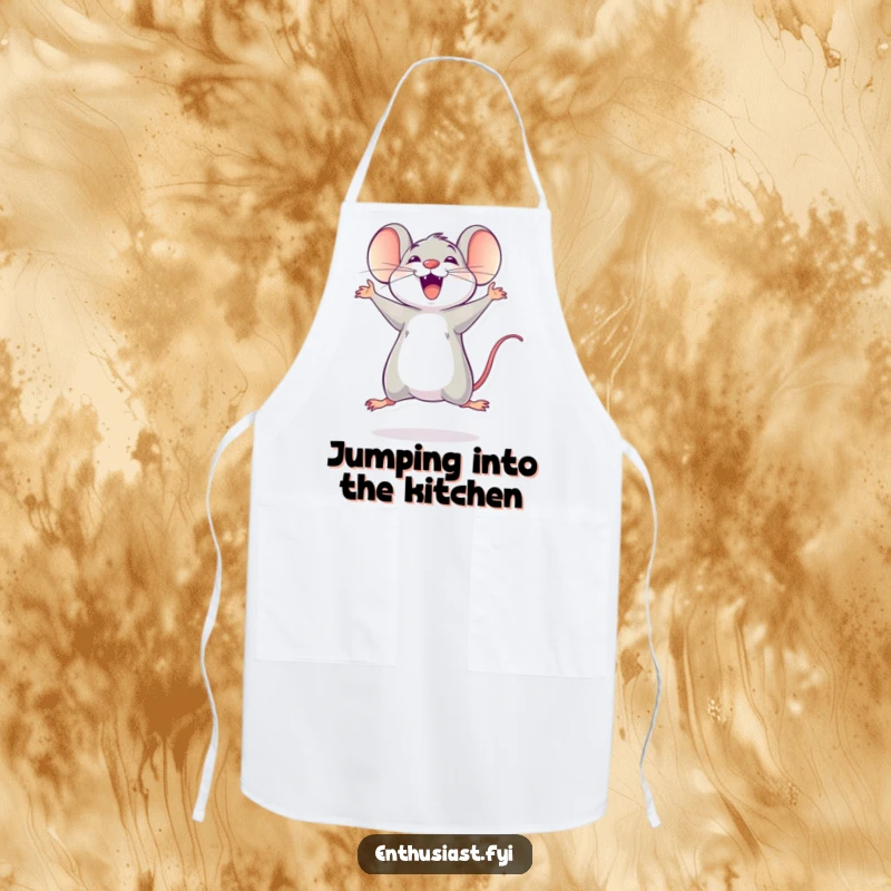 Funny mouse apron featuring a delighted character jumping with joy, adding a humorous element to cooking.