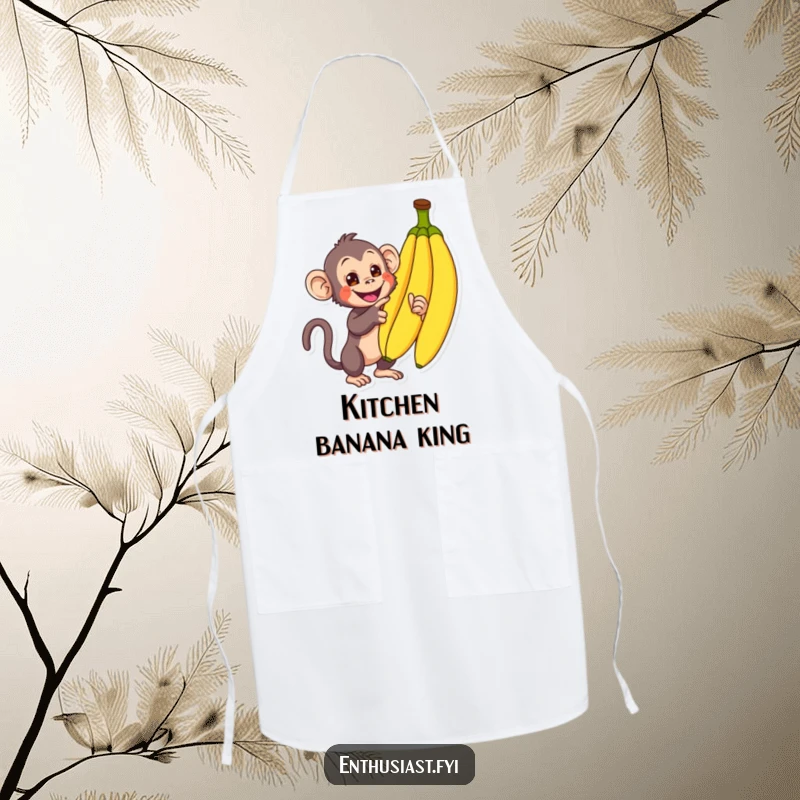 Funny Monkey Apron: A curious monkey enthusiastically points at bananas, perfect for kitchen fun and protection, a fantastic funny gift.