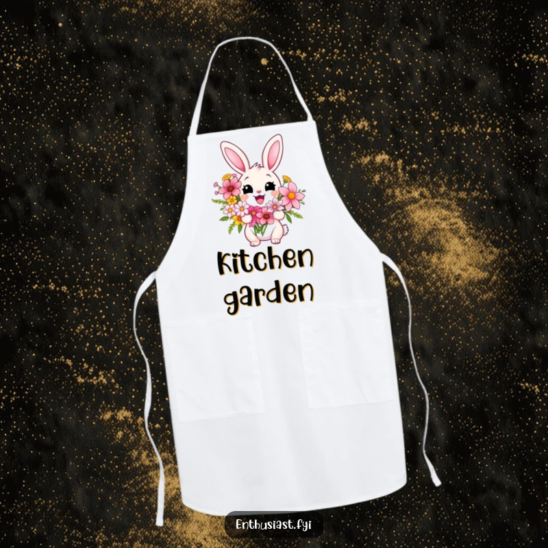 Funny apron showing a delighted rabbit character holding a large bouquet of flowers, ready to bring joy and humor to the garden.