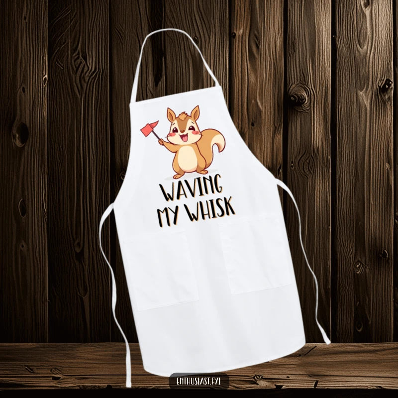 Funny apron depicting an excited squirrel enthusiastically waving a small flag, perfect for adding spirited protection.