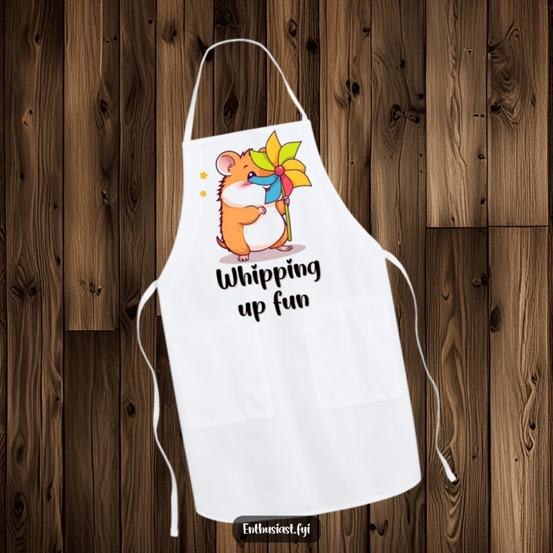 Funny energetic hamster apron shows a happy hamster spinning a pinwheel, ready for fun in the kitchen while cooking.