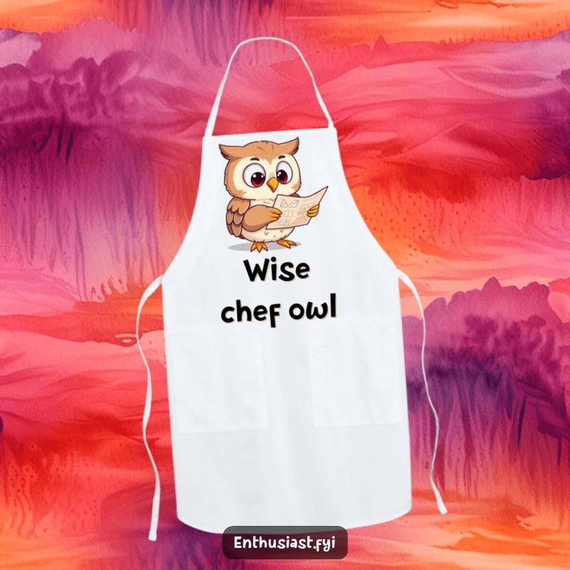 Funny Apron featuring an eager owl with wide eyes studying complex diagrams, a humorous guardian for curious minds.
