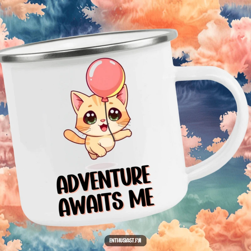 Funny camping mug with a curious cat character chasing a brightly colored balloon, ideal for outdoor fun.