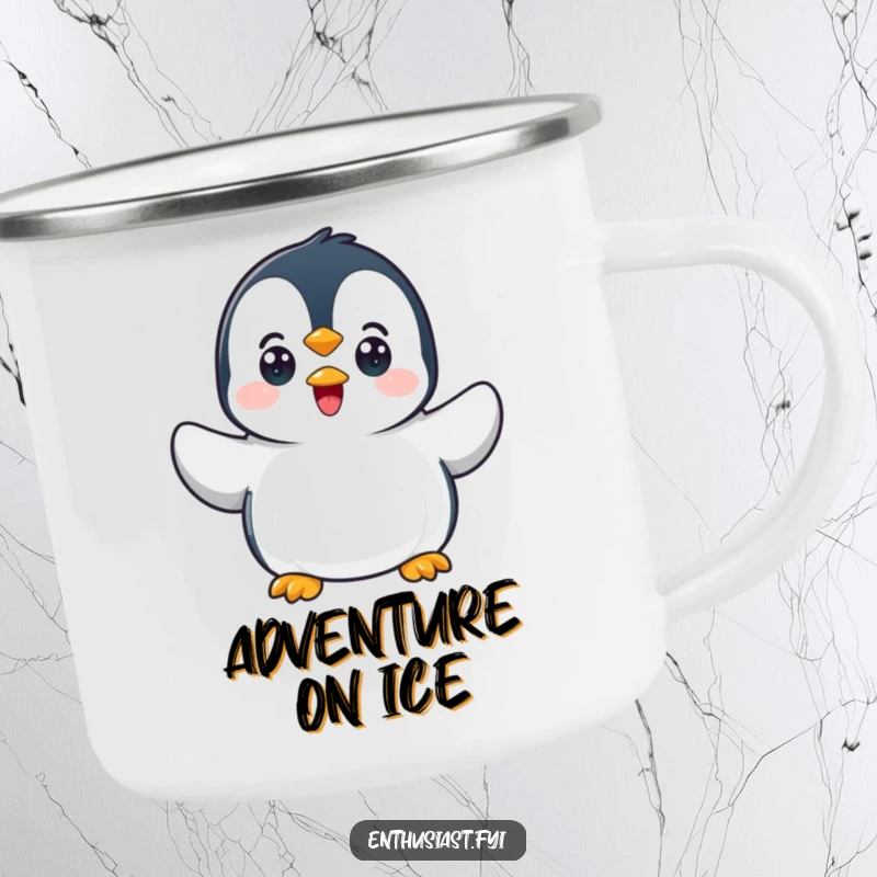 Funny penguin camping mug featuring a joyful character waving, built for outdoor warmth and smiles.