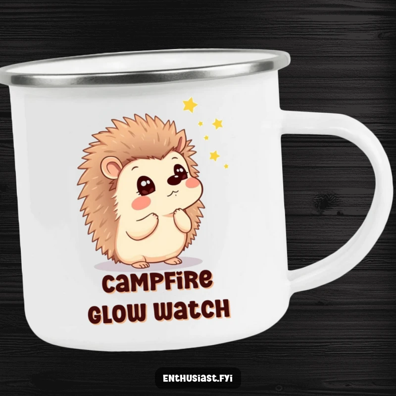 Funny camping mug with a thoughtful hedgehog, look of wonder, watching enchanting fireflies, perfect for outdoor enthusiasts.
