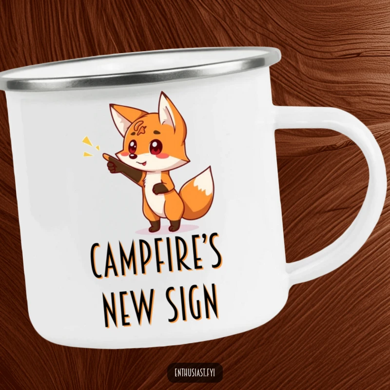 Funny camping mug featuring a curious fox character pointing excitedly at a bright, glowing sign, perfect for adventure seekers.