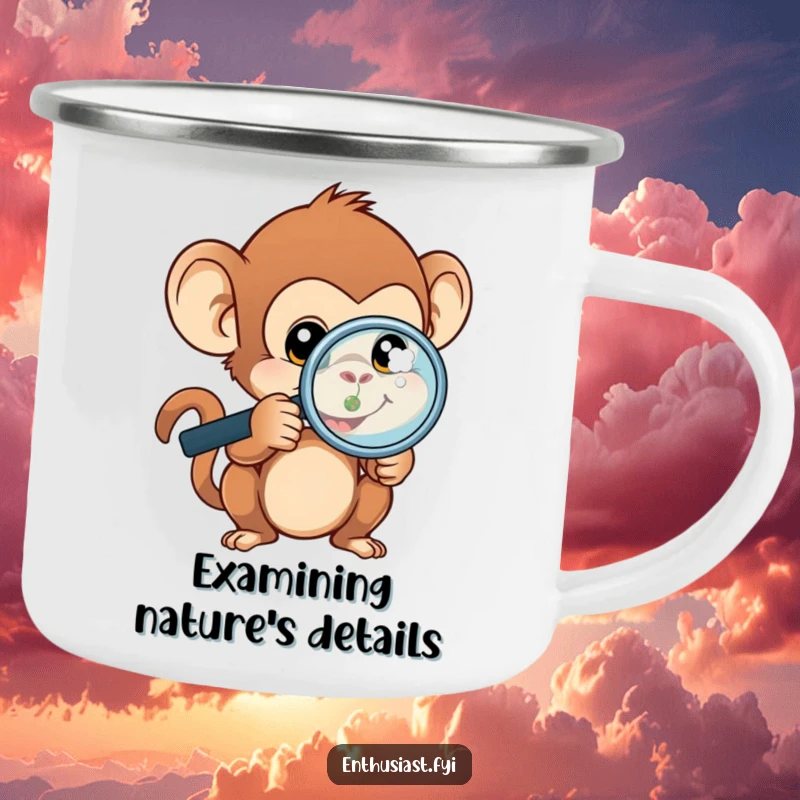 Funny monkey camping mug featuring a curious monkey with a magnifying glass, examining a tiny natural object.