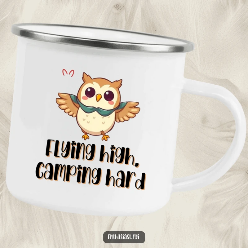 Funny owl camping mug, a triumphant owl wearing a cape flying enthusiastically, perfect for outdoor heroics.