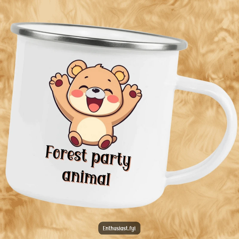 Funny camping mug featuring a delighted bear character cheering with paws in the air and a wide smile, ready for adventure.