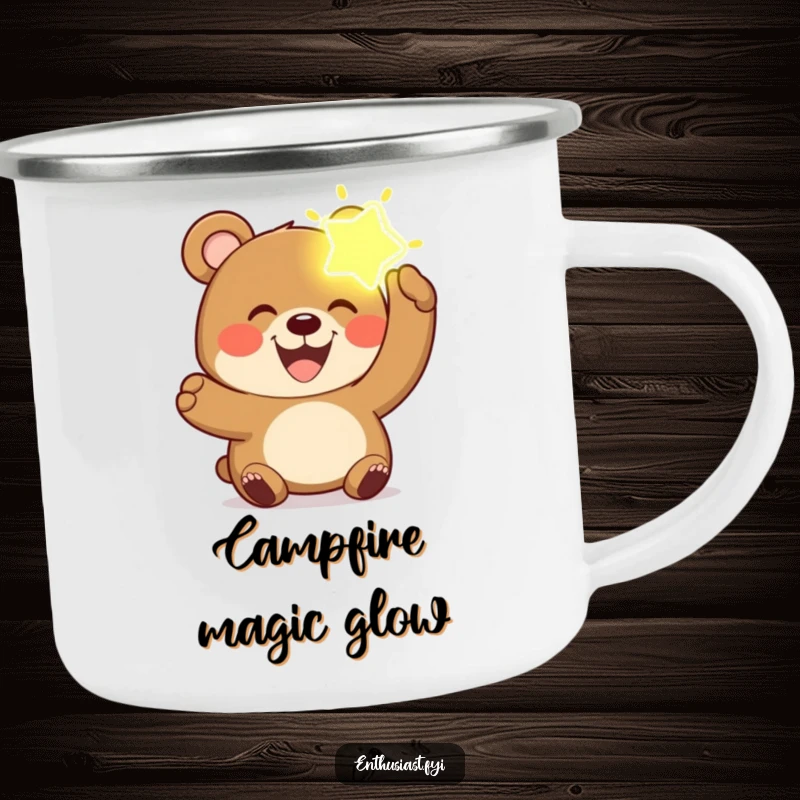 Funny bear camping mug featuring a joyful bear with a wide grin, holding a glowing, imaginary object.
