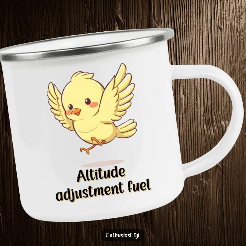 Funny Camping Mug featuring a lively bird character energetically flapping its wings, ideal for cheerful outdoor moments.