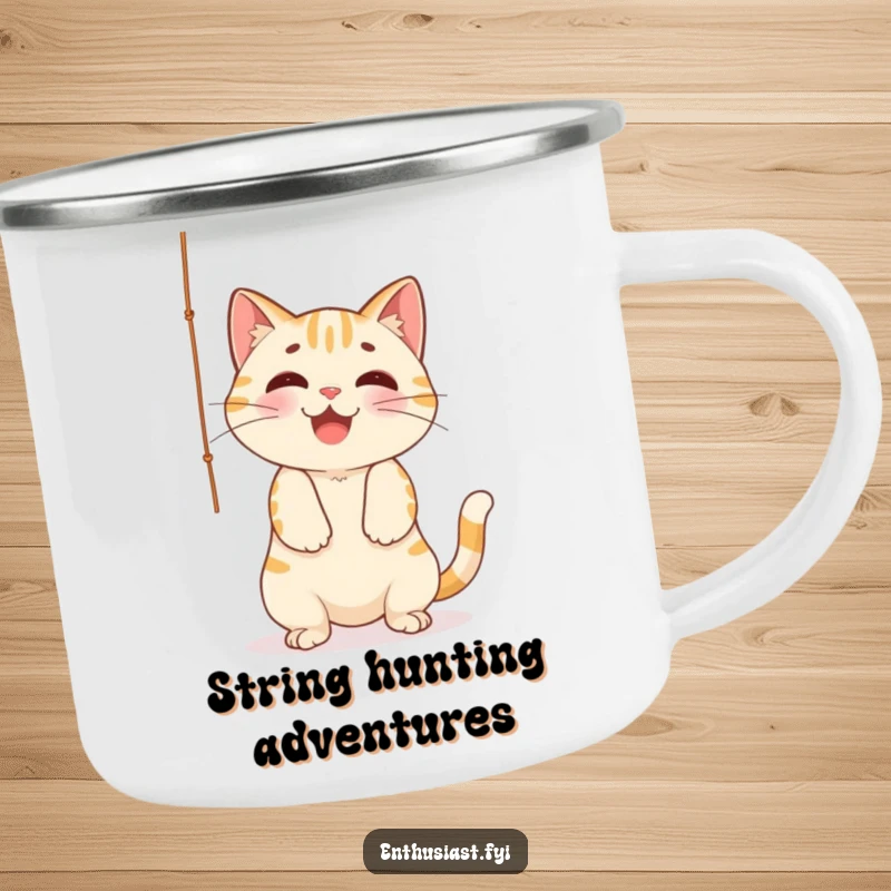 Funny Camping Mug: Cheerful cat playfully batting at a dangling string, ideal for enjoying hot drinks outdoors with a touch of feline charm.