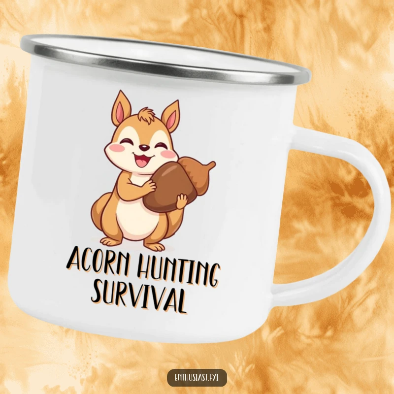 Funny Camping Mug: Joyful squirrel proudly holding an extra large acorn, ideal for enjoying hot drinks outdoors with a natural theme.