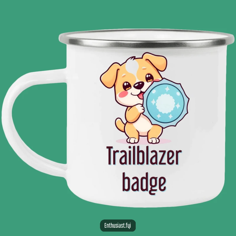 Funny Dog Badge Camping Mug: Character's Outdoor Celebration, Rugged Drinkware for Pups