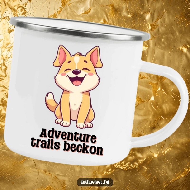 Funny dog camping mug featuring a joyful character barking and wagging its tail, built for outdoor fun.
