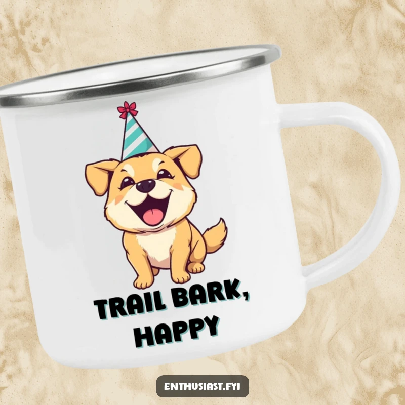 Funny camping mug with an excited dog in a party hat, happily barking, ideal for enjoying drinks with festive humor outdoors.