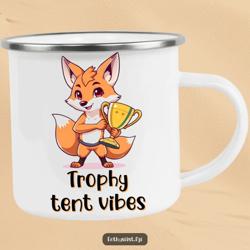 Funny camping mug featuring a proud fox character posing with a shiny trophy, perfect for enjoying drinks during outdoor adventures with a humorous twist.