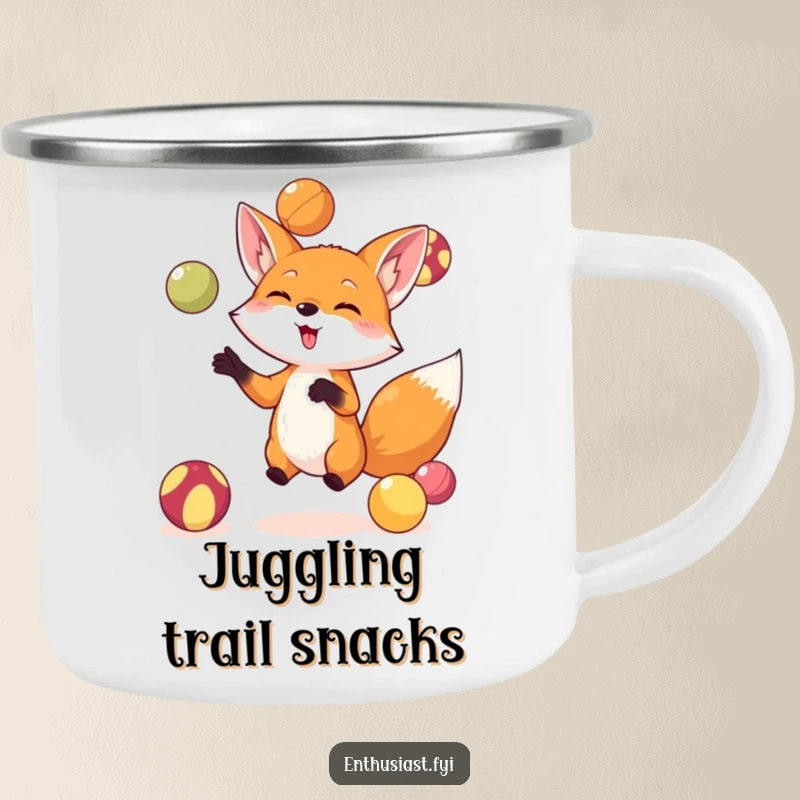 Funny fox camping mug showing a small fox juggling colorful balls, built for adventures and adding a touch of humor to outdoor breaks.