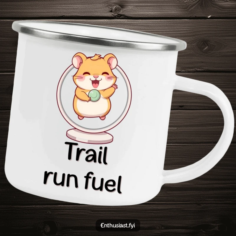 Funny camping mug with a giggling hamster excitedly running on a spinning wheel, perfect for outdoor enthusiasts.