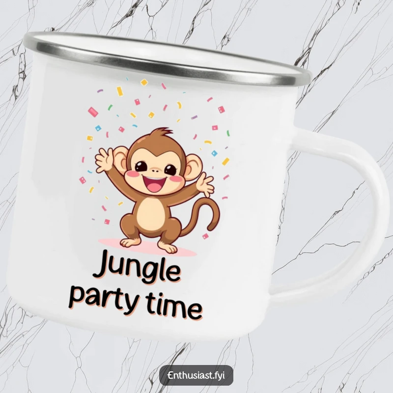 Funny monkey camping mug featuring a joyful character throwing confetti, built for adventure and party fun.