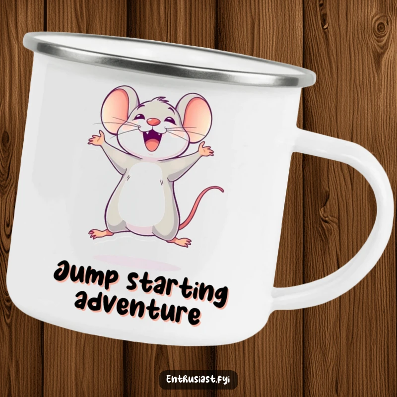Funny mouse camping mug showing a delighted character jumping with excitement, ready for adventure.