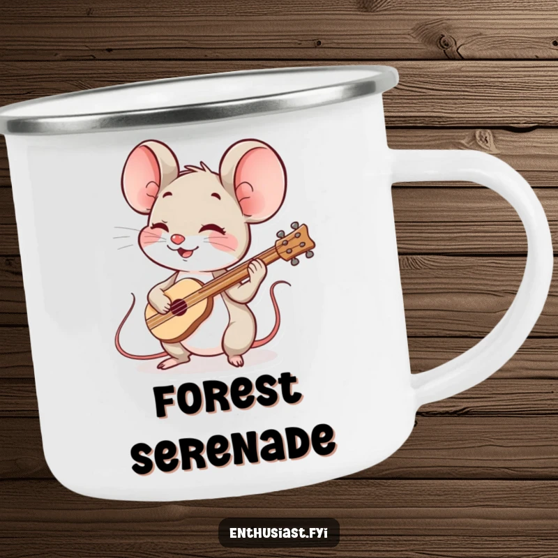 Funny mouse musician camping mug shows a spirited mouse playing a cheerful instrument, perfect for enjoying beverages outdoors.
