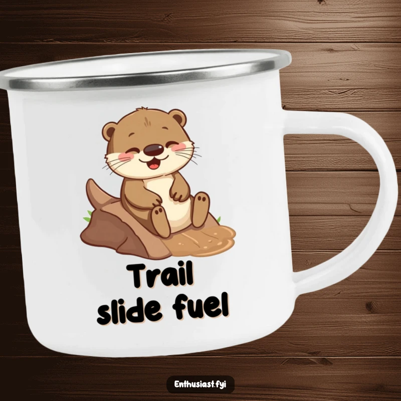 Funny camping mug with a playful otter joyfully sliding down a small, muddy incline, perfect for outdoor enthusiasts.